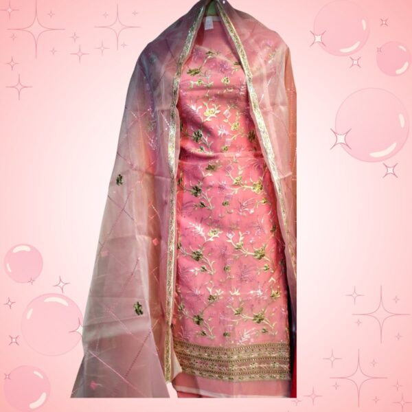 Elegant Pink Embroidered Tissue 3-Piece Suit